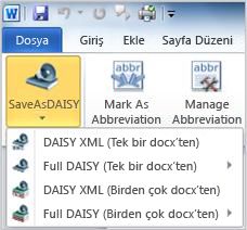 Save as Daisy Düğmesi açılır menüsü