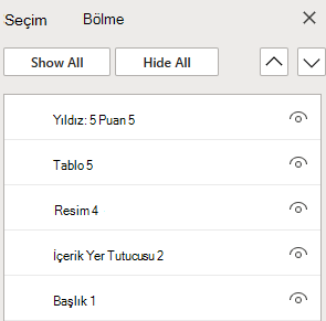 The Selection Pane for ararrange objects in a slide in Web için PowerPoint for the Web için PowerPoint.