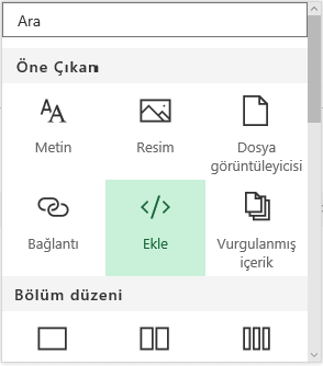 SharePoint’te içerik ekle menüsünün ekran görüntüsü.