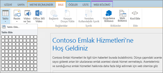 SharePoint Online şeridini gösteren ekran görüntüsü. Yeni bir tablonun satır ve sütun sayısını belirtmek için Ekle sekmesini ve ardından Tablo Ekle'yi seçin.