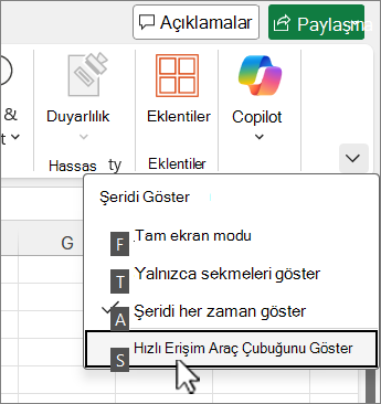 Hızlı Erişim Araç Çubuğu'nu göstermek için klavye komutu