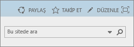 Ekran görüntüsünde, SharePoint Online şeridindeki Paylaş, Takip Et ve Düzenle denetimlerinin ve Arama kutusunun bulunduğu bölüm gösterilir.