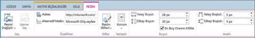SharePoint Online şeridinin bir bölümünü gösteren ekran görüntüsü. Resim sekmesi seçilidir ve Seç, Özellikler, Stiller, Düzenle, Boyut ve Aralık gruplarındaki seçimler gösterilir.