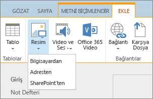 SharePoint Online şeridinin ekran görüntüsü. Ekle sekmesini seçin ve ardından Resim’i seçerek dosyanın bilgisayarınızdan mı, web adresinden mi, yoksa SharePoint konumundan mı karşıya yükleneceğini belirtin.