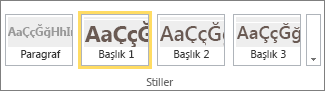 SharePoint Online şeridinde, Başlık 1 stilinin seçili olduğu Stiller grubunun ekran görüntüsü.