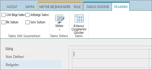 SharePoint Online şeridinin ekran görüntüsü. Tabloda üst bilgi satırı, alt bilgi satırı, ilk sütun ve son sütun onay kutularını seçmek, ayrıca tablo stilleri arasından seçim yapmak ve tablonun kılavuz çizgisi kullanıp kullanmadığını belirtmek için Tasarım sekmesini kullanın.