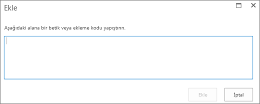 Video veya ses dosyalarının betiğini veya ekleme kodunu yapıştırmak ve ardından kodu eklemek için kullanılan, SharePoint Online'ın Ekle iletişim kutusunun ekran görüntüsü.