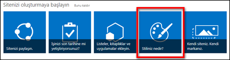 SharePoint Online’da, siteyi daha fazla özelleştirmek için tıklatılabilen kutucukların gösterildiği, yeni oluşturulmuş bir site