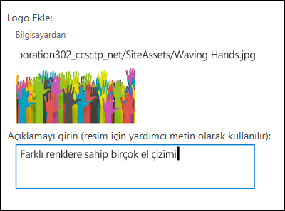 SharePoint Online’da logo resmi için diğer metnin oluşturulmasını gösteren yeni site başlığı ve logosu iletişim kutusu