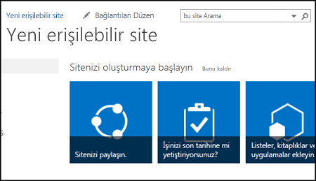 Siteyi özelleştirmek için kullanılan kutucukların gösterildiği yeni bir SharePoint sitesinin ekran görüntüsü