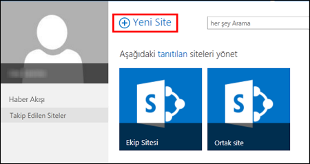 SharePoint Online’da Yeni Site düğmesinin gösterildiği Siteler sayfası