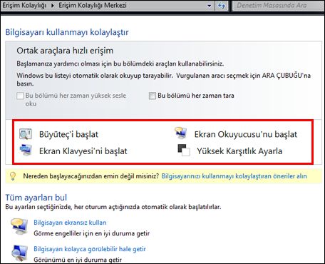 Yardımcı teknolojiler arasından seçim yapabileceğiniz Windows Erişim Kolaylığı Merkezi iletişim kutusu