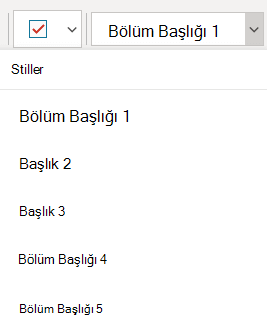 Windows 10 için OneNote'ta farklı başlık stillerini gösteren Stiller menüsü.