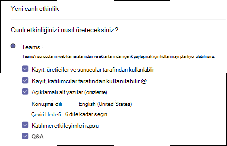 Bir etkinlik zamanlarken Teams canlı etkinliği için Soru-Cevap seçeneğini belirleme iletişim kutusu.