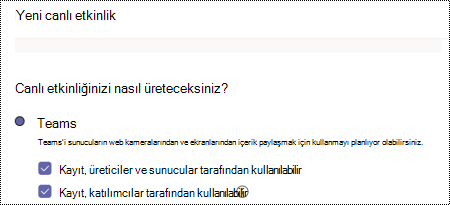 Etkinliği zamanlarken Teams canlı etkinliği için kayıt seçeneklerini seçen iletişim kutusu.