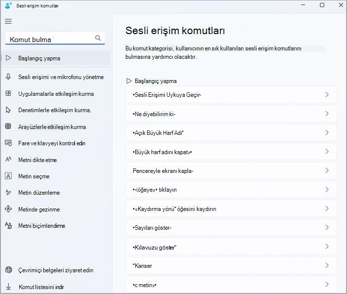 Sesli erişim komutları yardımı ana sayfası.