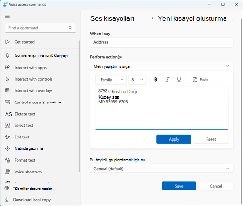 Metni ve medya düzenleme yapıştır kutusuna doldurulmuş örnek bir adresin bulunduğu yeni kısayol sayfası oluşturun. Address'i bir shorctcute olarak tutmak bir örnektir.