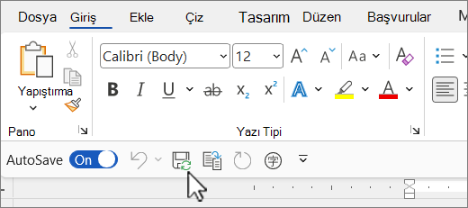 Hızlı Erişim Araç Çubuğu'nun varsayılan konumu