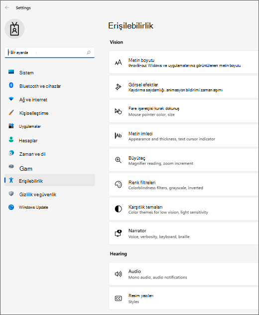 Windows 11 erişilebilirlik ayarları