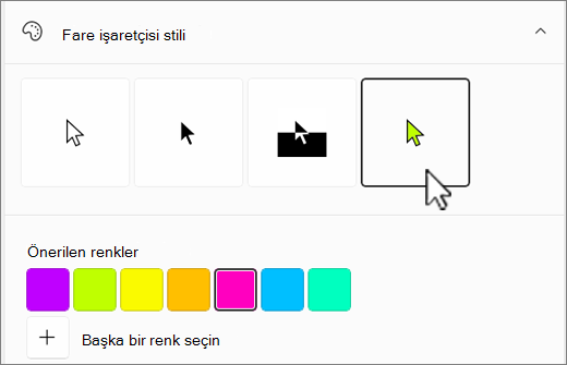 Özel rengin seçili olduğu Windows fare işaretçisi seçenekleri.