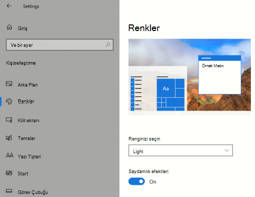 Kişiselleştirme ayarlarındaki Windows saydamlığı seçeneği.