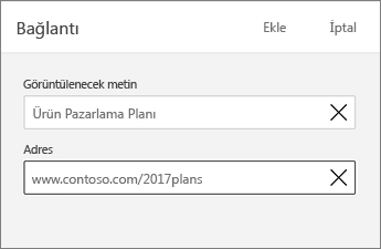 Görüntülenecek metin ve adresin gösterildiği Bağlantı komutu