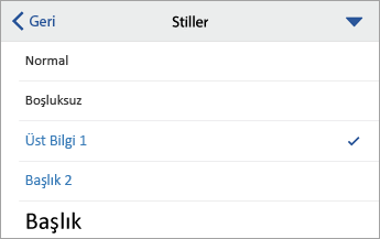 Başlık 1 seçeneğinin seçili olduğu Stiller komutu