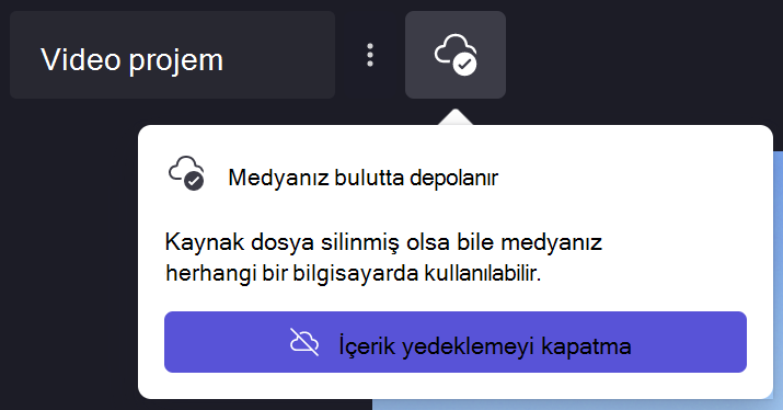 Clipchamp içerik yedekleme iletişim kutusu görüntüsü