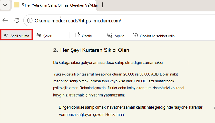 Sesli okuma ekran görüntüsü.