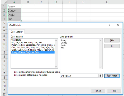 Dosya > Seçenekleri > Gelişmiş'ten Özel Liste iletişim kutusu, Gelişmiş>, Genel>, Özel Listeleri Düzenle. Excel 2007'de, Office Düğmesi'ne, Excel Seçenekleri'ne>, > Popüler > Düzenleme Özel Listeleri'ne tıklayın.