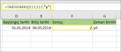 =ETARİHLİ(D17,E17,y) ve sonuç: 2
