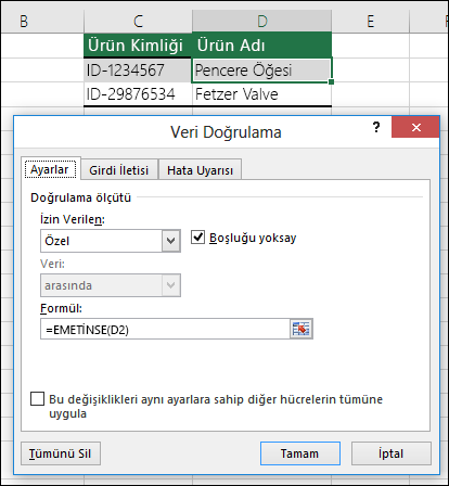 Örnek 2: Veri doğrulamada kullanılan formüller