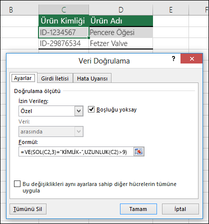 Örnek 6: Veri doğrulamada kullanılan formüller