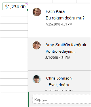 1.234,00 TL yazılı hücreye açıklama yazışması eklenmiş: Dave Ludwig: Bu değer doğru mu? Amy Smith: Kontrol edeyim... ve benzeri
