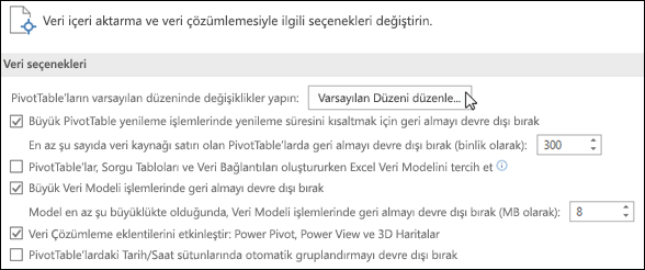 Dosya'dan > Varsayılan PivotTable Düzenini Düzenleyin Seçenekler > Veri