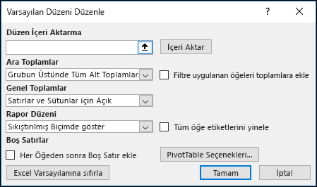 PivotTable Varsayılan seçenekleri