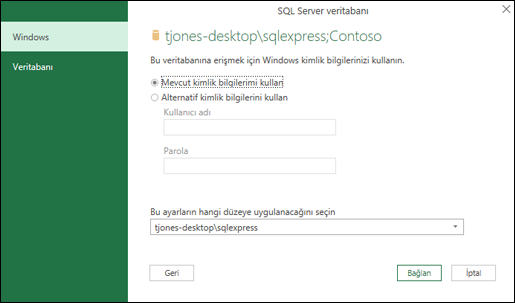 Power Query SQL Server bağlantısı oturum açma kimlik bilgileri