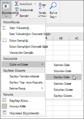 Çalışma sayfalarını Giriş'te gizleme veya gösterme. > Hücreler > Biçim > VIsibility > Gizleme & Gösterme