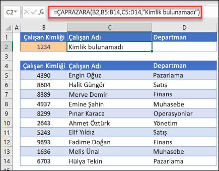 if_not_found bağımsız değişkeni ile Çalışan Kimliğine dayalı olarak bir Çalışan Adı ve Departmanı döndürmek için kullanılan ÇAPRAZARA işlevi örneği. Formül= ÇAPRAZARA(B2,B5:B14,C5:D14,0,1,Çalışan bulunamadı)