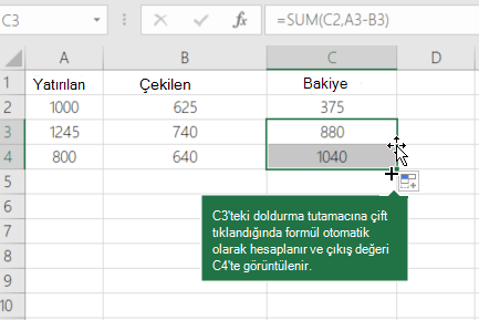 İşlemdeki bakiye hesaplama örneği