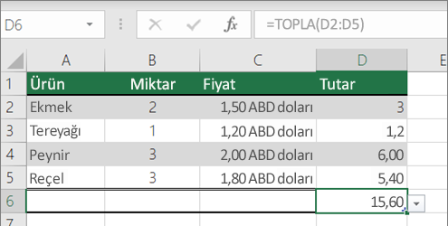 Adlandırılmış aralığı olan bir TOPLA işlevi örneği