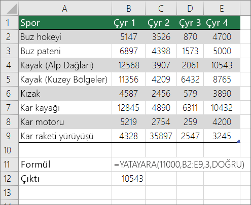Yaklaşık eşleşme arayan YATAYARA formülü örneği
