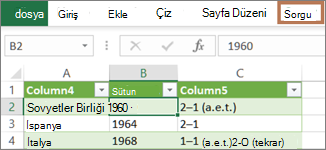 Sorguda bir hücre seçerek Sorgu sekmesini görüntüleme