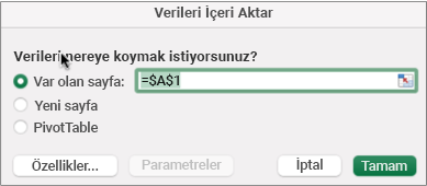 Verileri bulmak için kullanılan Verileri İçeri Aktarma iletişim kutusu
