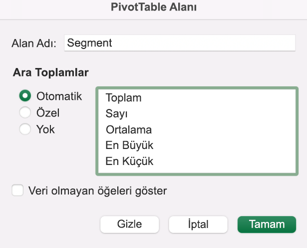 PivotTable alanı ekleme
