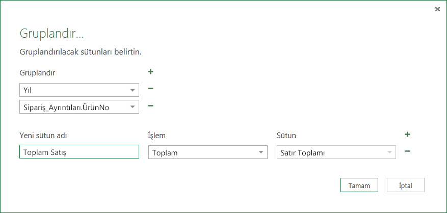 Toplama İşlemleri için Gruplandır İletişim Kutusu