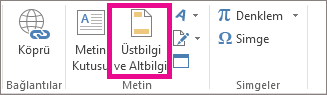 Ekle sekmesindeki Üst Bilgi & Alt Bilgi seçeneği
