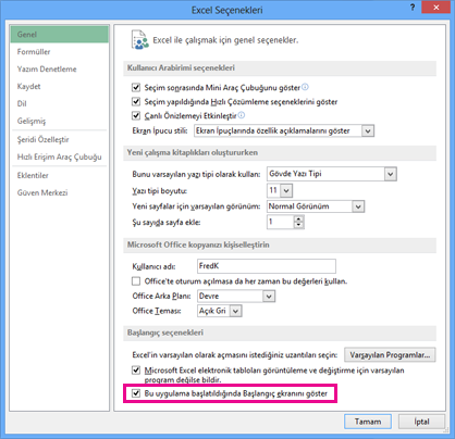 Excel Seçenekleri iletişim kutusundaki başlangıç seçenekleri