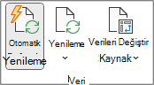 Şeritteki PivotTable Çözümle sekmesindeki Veri grubu. Veri grubu Otomatik Yenile, Yenile ve Veri Kaynağını Değiştir düğmelerini içerir.