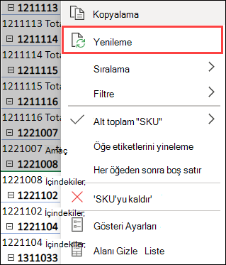 PivotTable’ı yenileme